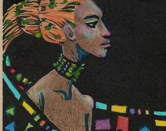 Original Color Linocut Art Klimt Inspired African American Woman in Profile Winged Belinda Del Pesco
