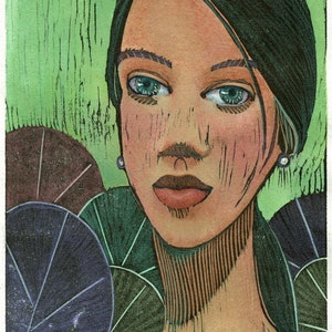 Original Woodcut Manga Style Portrait Hand Colored Print Fantasy Art Lily Belinda Del Pesco