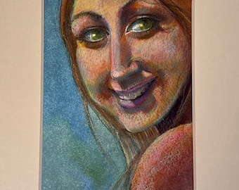 Original Mixed Media Colored Pencil Portrait of a Smiling Girl at the Beach Belinda Del Pesco