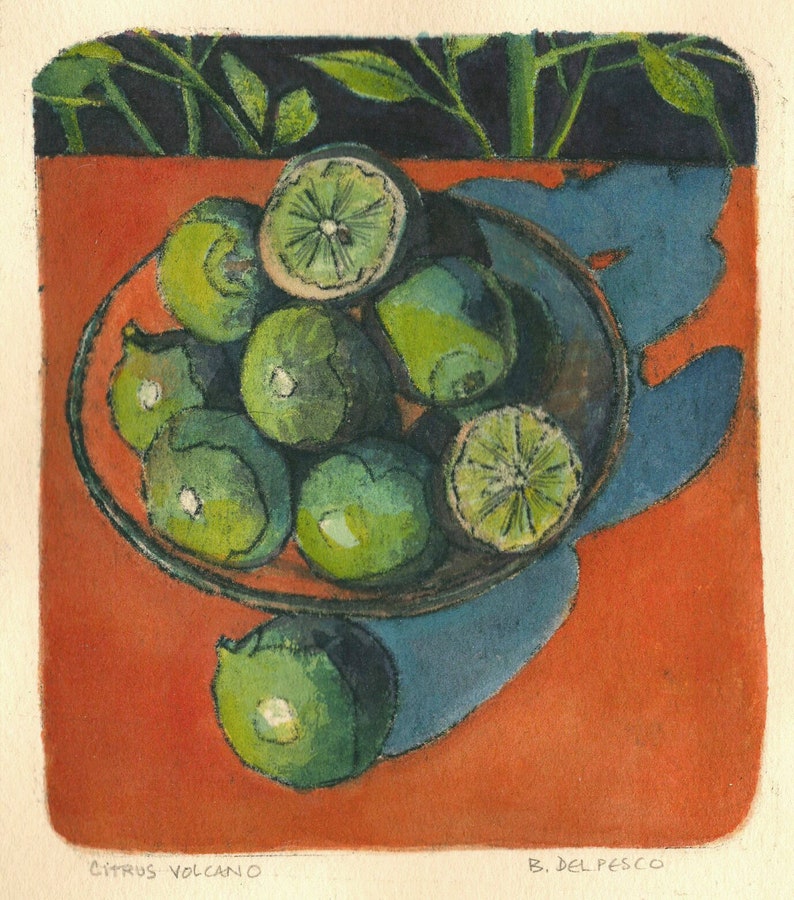 Original Kitchen Art Print Still Life Bowl of Limes Miniature Intaglio Belinda Del Pesco zdjęcie 1