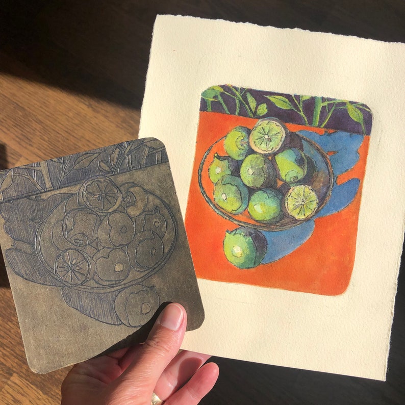 Original Kitchen Art Print Still Life Bowl of Limes Miniature Intaglio Belinda Del Pesco zdjęcie 7