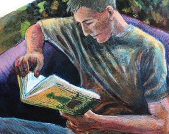 Original Color Monotype Print of a Boy Reading a Book Figurative Print Art Belinda Del Pesco