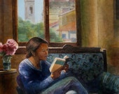 Original Watercolor Art Girl Reading Window Books Interior Framed First Day in Italy DelPesco