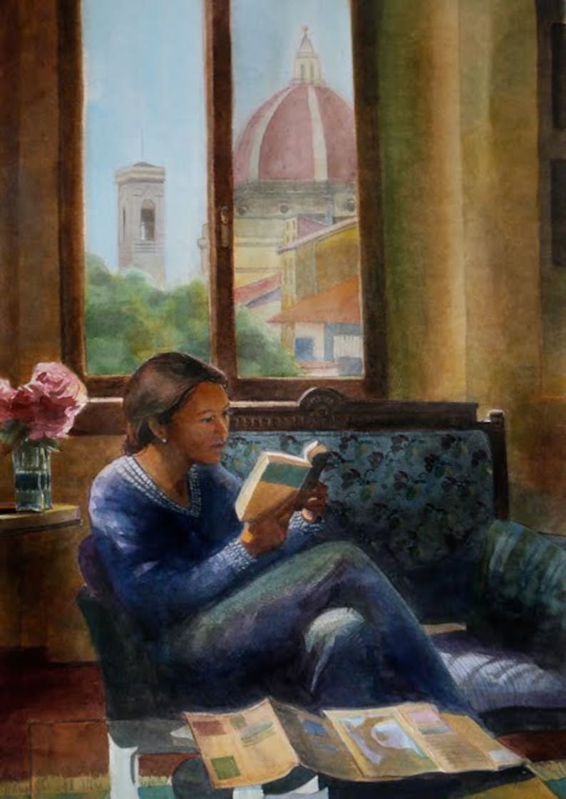 Original Watercolor Art Girl Reading Window Books Interior Etsy