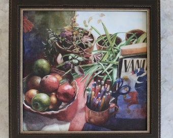 Unframed Canvas Watercolor Print Square Format Art Studio Still Life with Apples Art Belinda Del Pesco