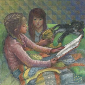 Original Portrait Art Little Girls Reading Stories with a Dog Mixed Media Belinda Del Pesco image 2