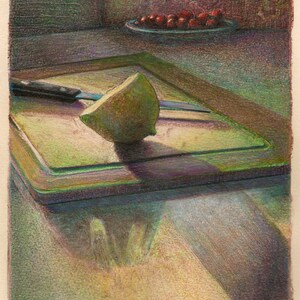 Original Hand Pulled Monotype Print Kitchen Still Life Art, with Colored Pencil Gibbous Lime Belinda Del Pesco