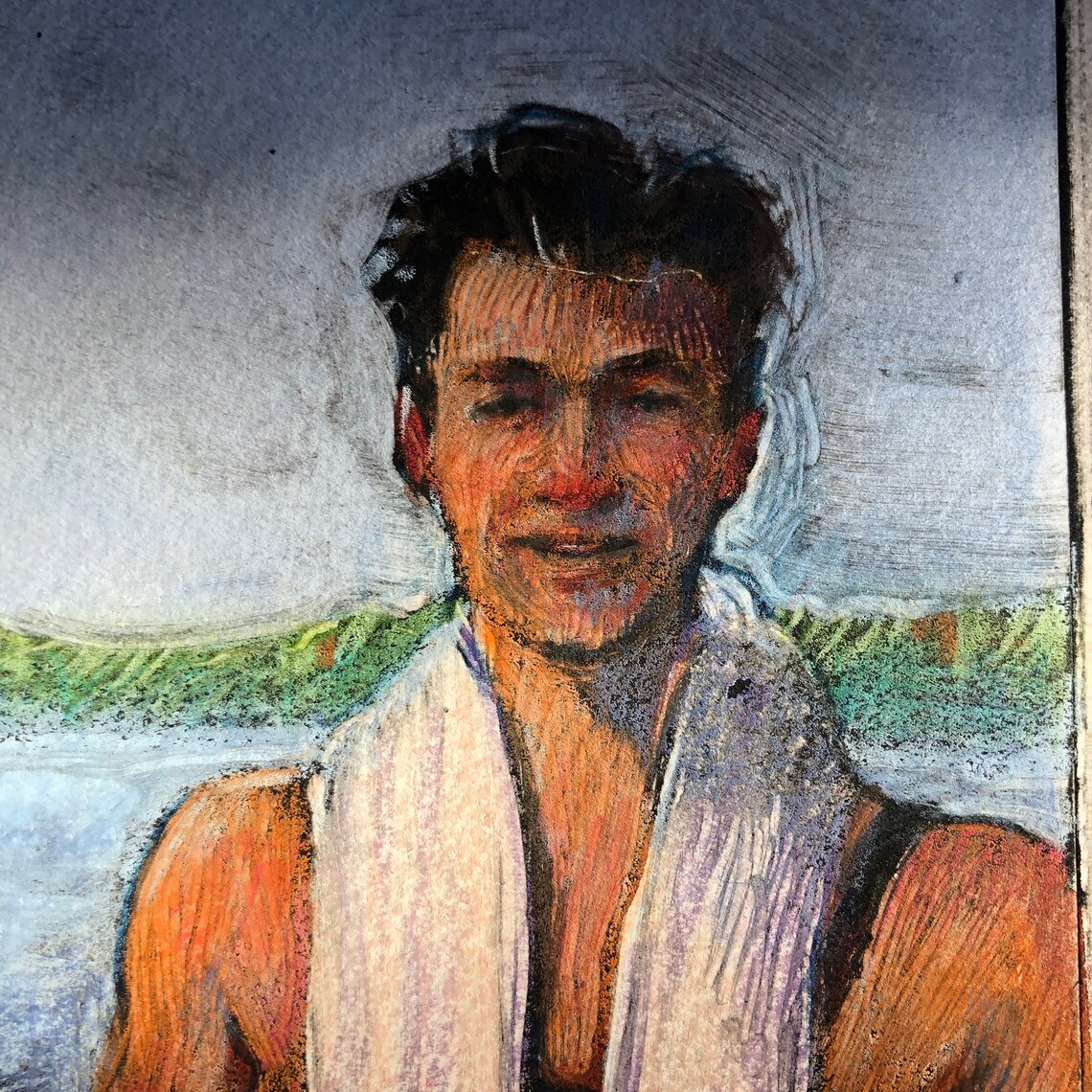 Original Framed Color Monotype Portrait Man on the Beach Art Jantzen ...