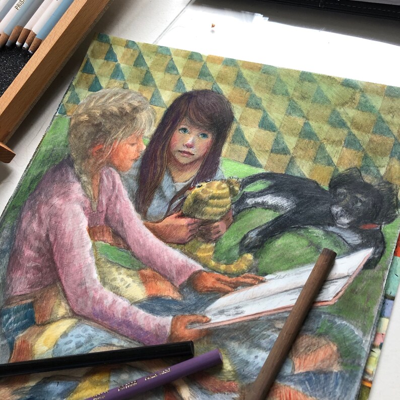 Original Portrait Art Little Girls Reading Stories with a Dog Mixed Media Belinda Del Pesco image 4