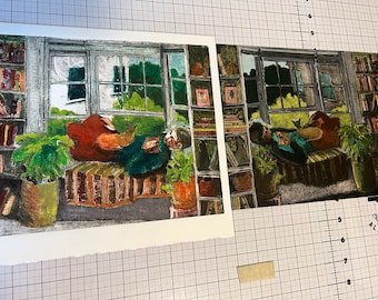 Girl in a Window with a Cat and Books Original Color Collagraph