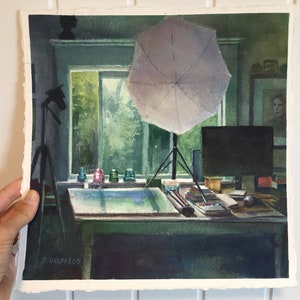 Original Watercolor Painting Artist's Studio Interior Belinda DelPesco image 4
