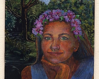 Original Monotype Print Island Girl Portrait with a crown of Flowers Miniature Art Belinda Del Pesco