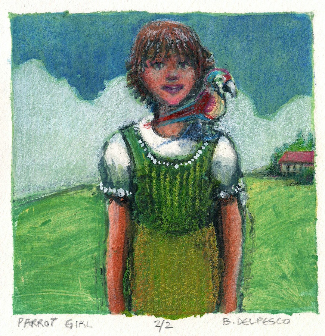 Impression originale couleur collagraph perroquet et sa fille petit