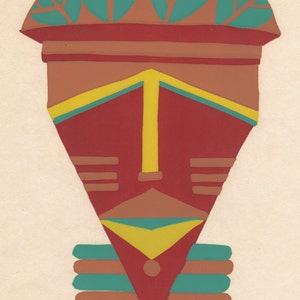 May include: A red, yellow, and green African mask with a geometric design. The mask has a pointed top and a rounded bottom. The mask is on a white background.