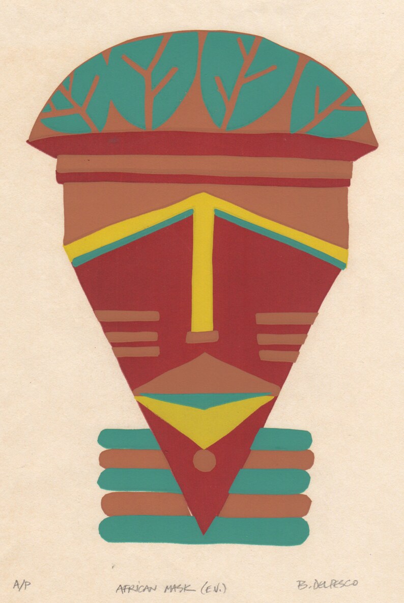 May include: A red, yellow, and green African mask with a geometric design. The mask has a pointed top and a rounded bottom. The mask is on a white background.