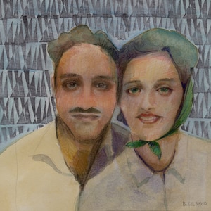 Vintage Valentine’s Watercolor Portrait of a 1940&#39;s Couple Original Art Belinda Del Pesco