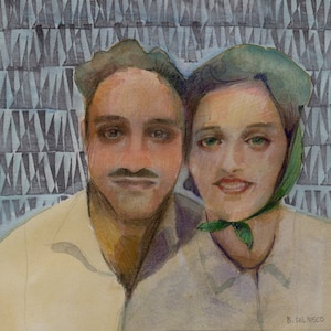 Vintage Valentines Watercolor Portrait of a 1940's Couple Original Art Belinda Del Pesco image 1