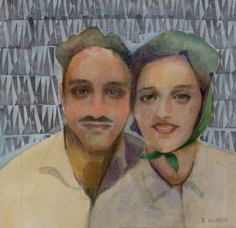 Vintage Valentines Watercolor Portrait of a 1940's Couple Original Art Belinda Del Pesco image 1