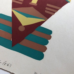 May include: Abstract geometric print in shades of brown, teal, and yellow. The print is signed "B. Del Pesco" in the bottom right corner and "(EU)" in the bottom left corner.