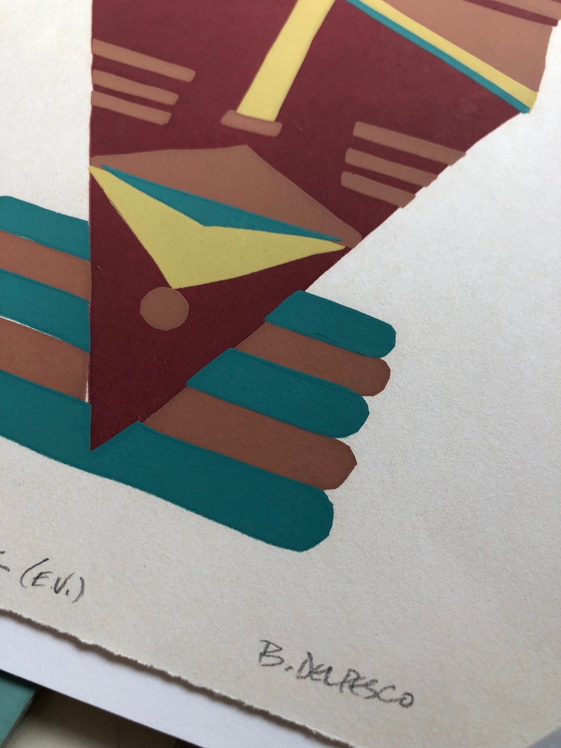May include: Abstract geometric print in shades of brown, teal, and yellow. The print is signed "B. Del Pesco" in the bottom right corner and "(EU)" in the bottom left corner.