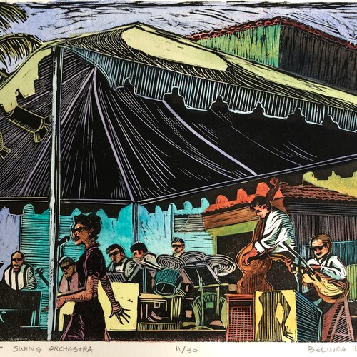 Music Art Original Color Linocut Bill Elliott Swing Orchestra Band Musicians Belinda shops Del Pesco