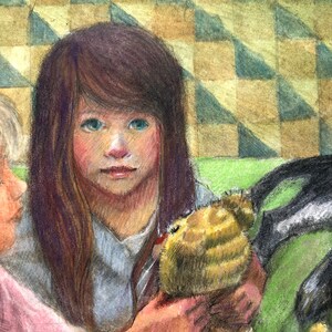 Original Portrait Art Little Girls Reading Stories with a Dog Mixed Media Belinda Del Pesco image 3