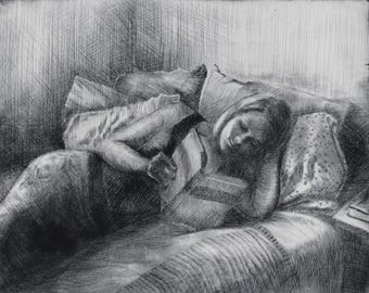 Original Drypoint Engraving Print – Woman Reading in Bed, Monochrome Art