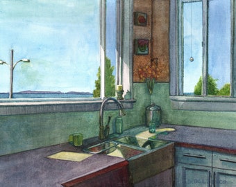 Original Watercolor Painting Kitchen Interior and Windows Still Life Art by Belinda Del Pesco