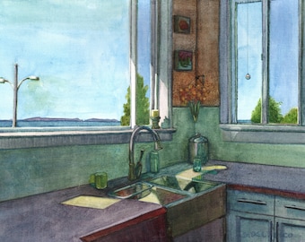 Watercolor of a Kitchen Interior - Parallel Horizons - ocean view original painting art Belinda Del Pesco