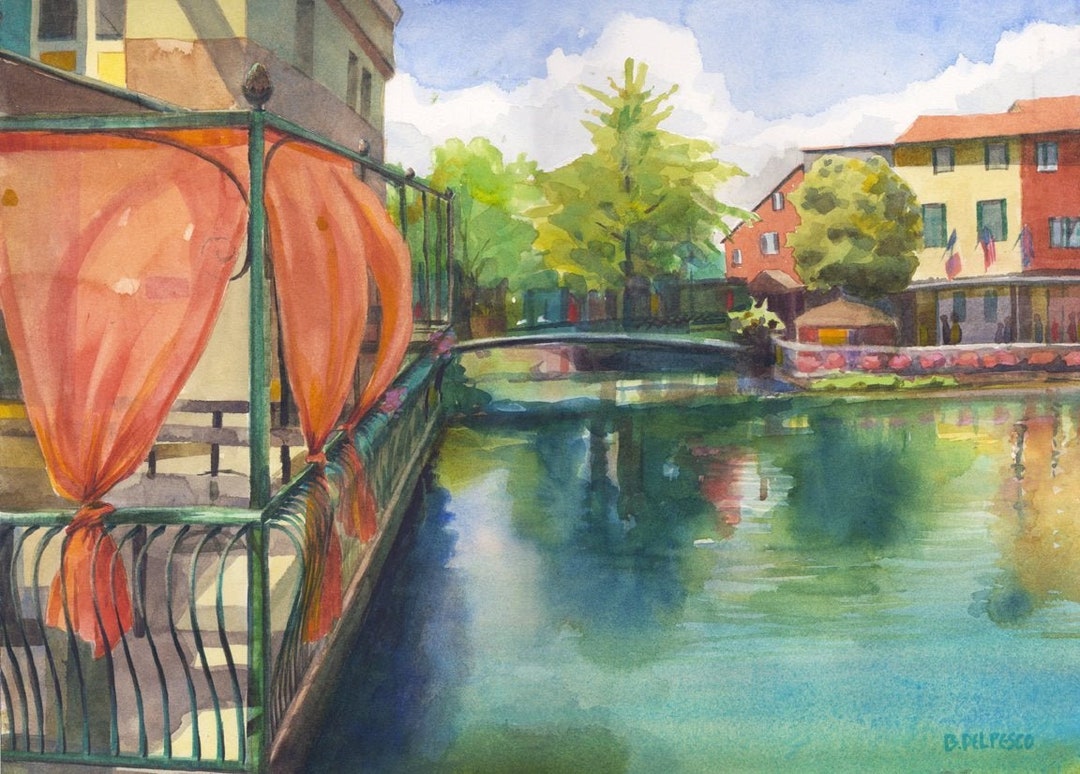 Les Terrasses L'isle Sur La Sorgue Cafe in Provence River Watercolor