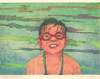 Girl Swimmer in Goggles Original Color Collagraph Print Art Belinda Del Pesco