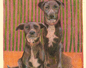 Dog Pals - Original Color Monoprint - Printmaking Art - Dogs Print - Belinda Del Pesco