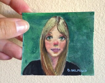 Original Miniature Watercolor Portrait Painting of a big-eyed girl Greta Belinda Del Pesco