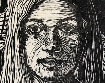 Linocut - Thistle - Portrait of a Girl - Original Print - Belinda Del Pesco