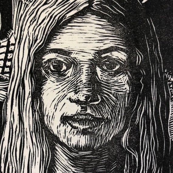 Linocut Thistle Portrait of a Girl Original Print Etsy