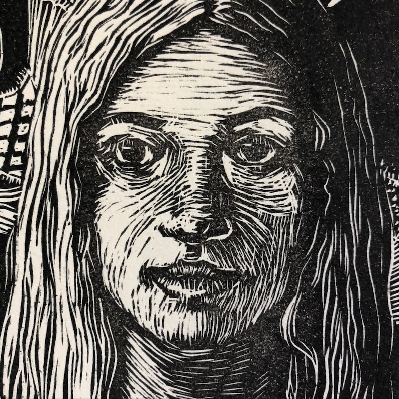 Linocut Thistle Portrait of a Girl Original Print Belinda Del Pesco Etsy