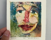 Original Glue Collagraph Print - Abstract, Curious, Colorful Face - Miniature Expressionist Art - Belinda Del Pesco