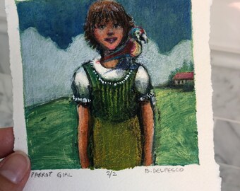 Impression originale couleur collagraph perroquet et sa fille