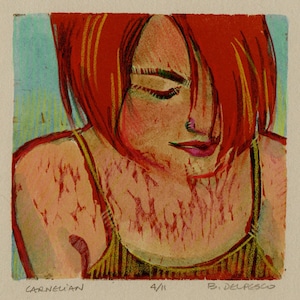 Original Color Woodcut Portrait Printmaking Art Red Headed Woman Carnelian Belinda Del Pesco