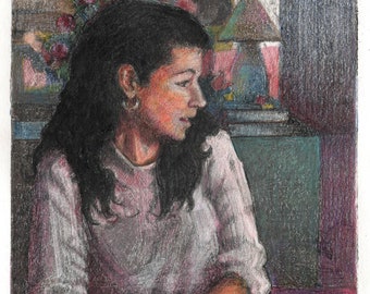 Original Miniature Color Monotype Print Portrait Girl in Profile Art Belinda Del Pesco