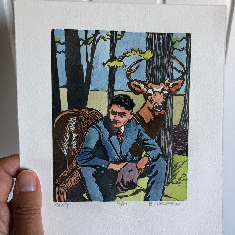 Original Color Linocut Vintage Man with Deer Stag in the Trees Belinda Del Pesco image 1