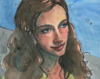 Portrait of a Girl Original Trace Monotype with Watercolor unframed printmaking Art Belinda Del Pesco