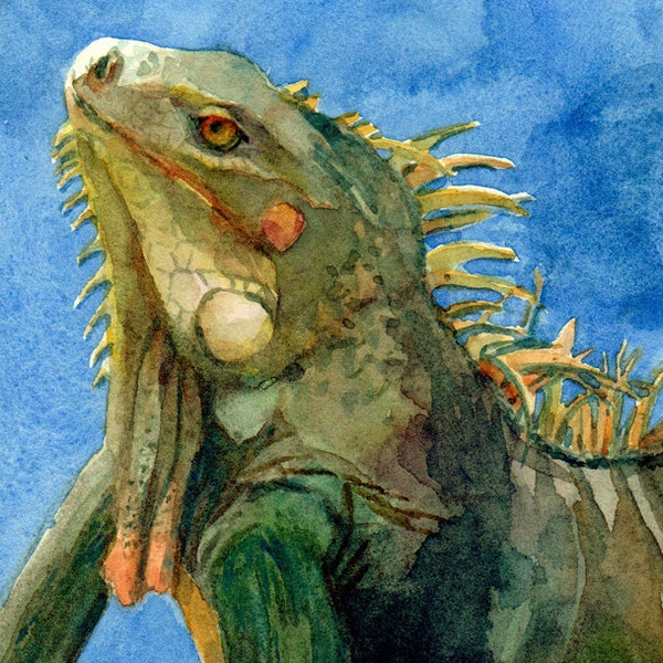 Iguana mini painting Lizard Reptile ACEO ATC Third Eye Watercolor Print Belinda DelPesco