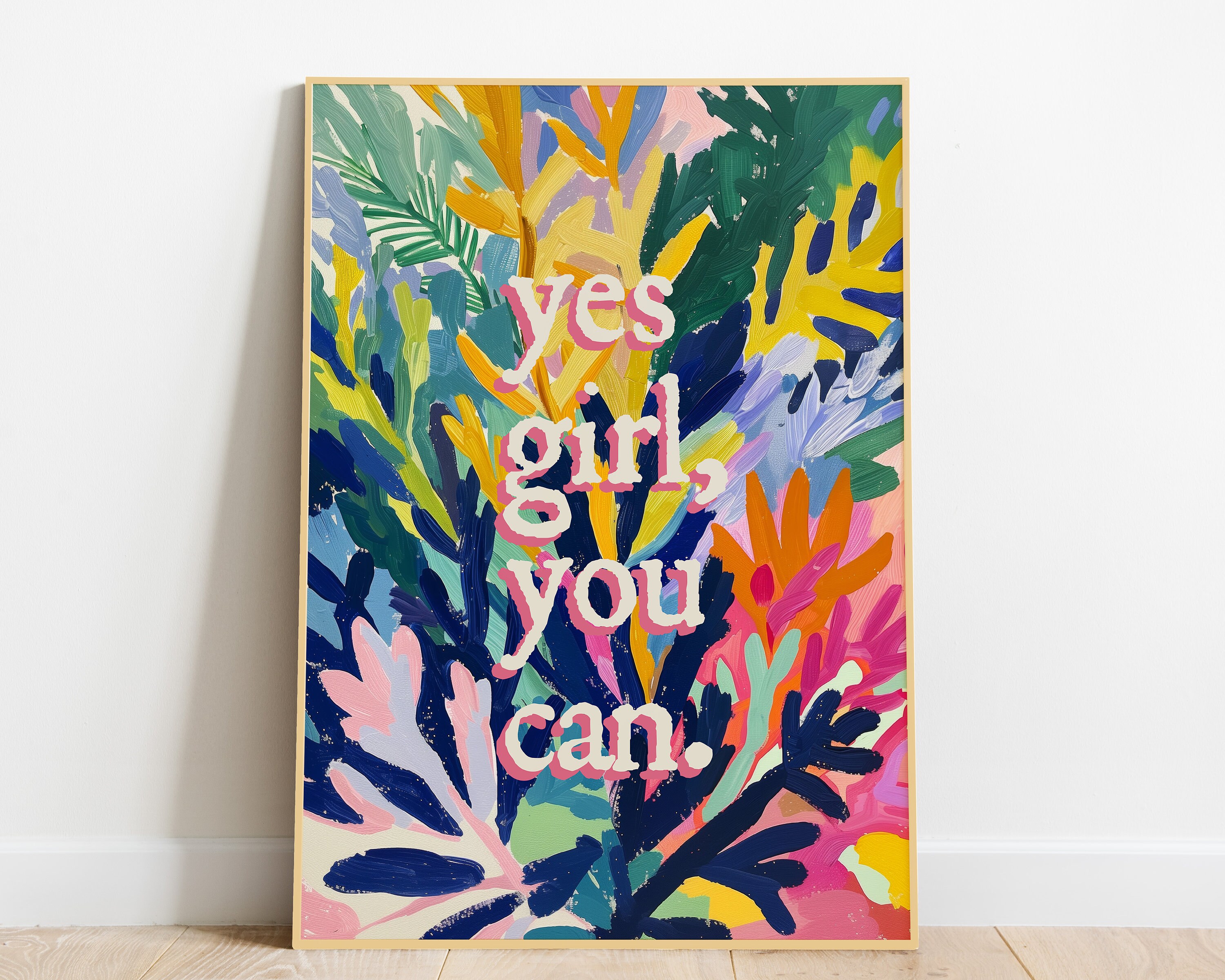 Yes Girl You Can Printable Art | Typography Digital Print |Motivating Wall Art Feminist |Aesthetic Trippy Poster Trendy Wall Art 70S Vintage