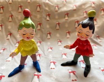 Figuras de duendecillo vintage con ojos cerrados y acabado mate, Japón, años 50, Navidad