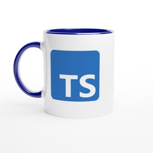 May include: White ceramic mug with a blue rim and a blue square with the letters "TS" in white.