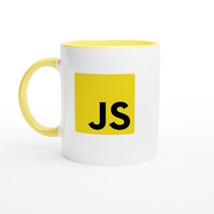 May include: A white ceramic mug with a yellow rim and a yellow square with the letters "JS" in black.
