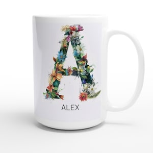 May include: White ceramic mug with a floral letter A design and the name "ALEX" printed below.