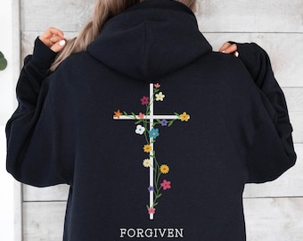 Forgiven Hoodie, Sweatshirt, Christian Gifts For Women, Psalm 32:1, Bible Verse Tshirt, Forgiven Shirt for Her, Floral Cross Back Print Only