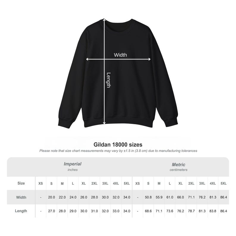May include: A black sweatshirt with measurements for width and length. The size chart includes imperial measurements in inches, ranging from XS to 5XL. The width ranges from 20.0 to 34.0 inches, and the length ranges from 27.0 to 34.0 inches.